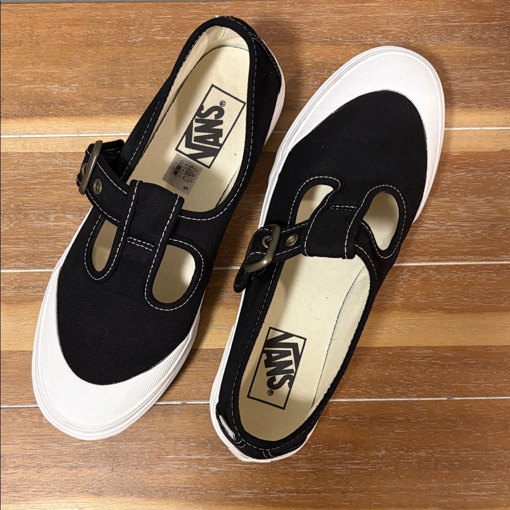 Vans Mary Jane Black and White Buckle Sneaker Flats with Gum Sole